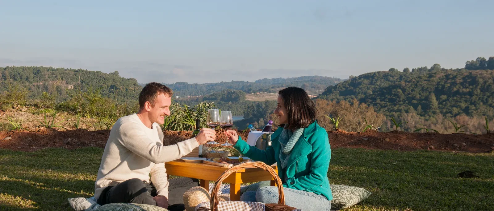 Casal brindando com taças de vinho durante piquenique ao ar livre com cesta, paisagem de vale e floresta ao fundo
